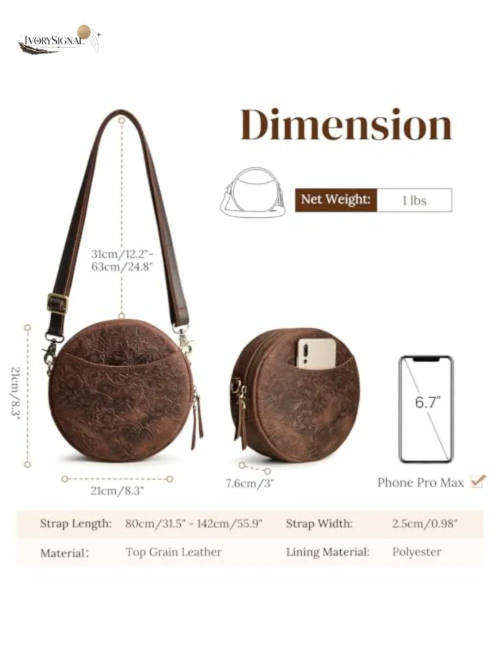 Top Grain Leather Crossbody Bag Circle Women Shoulder Travel Purse